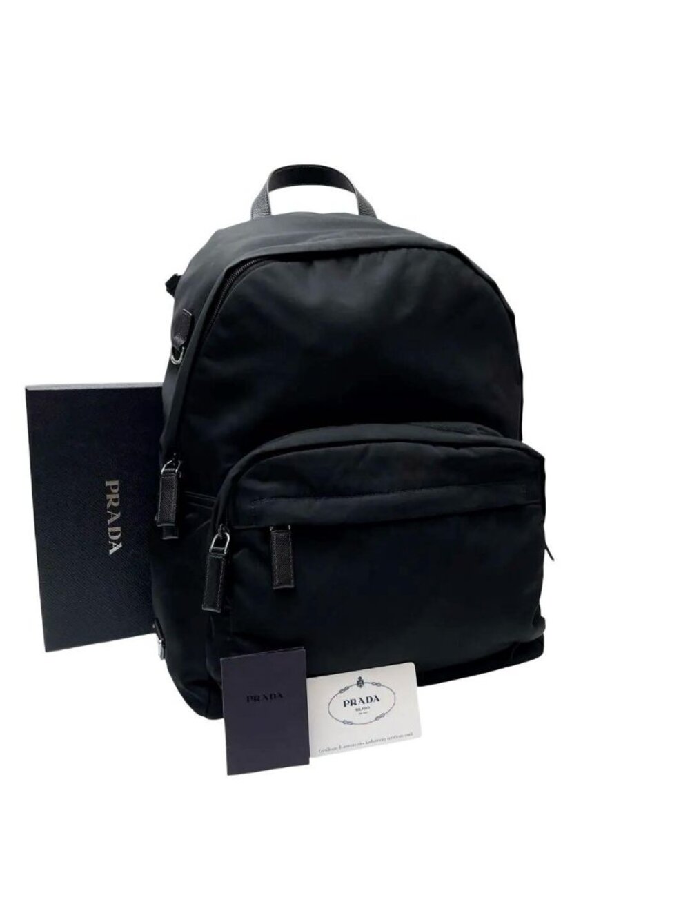 Prada Nylon Leather Triangle Plate Logo Backpack Black